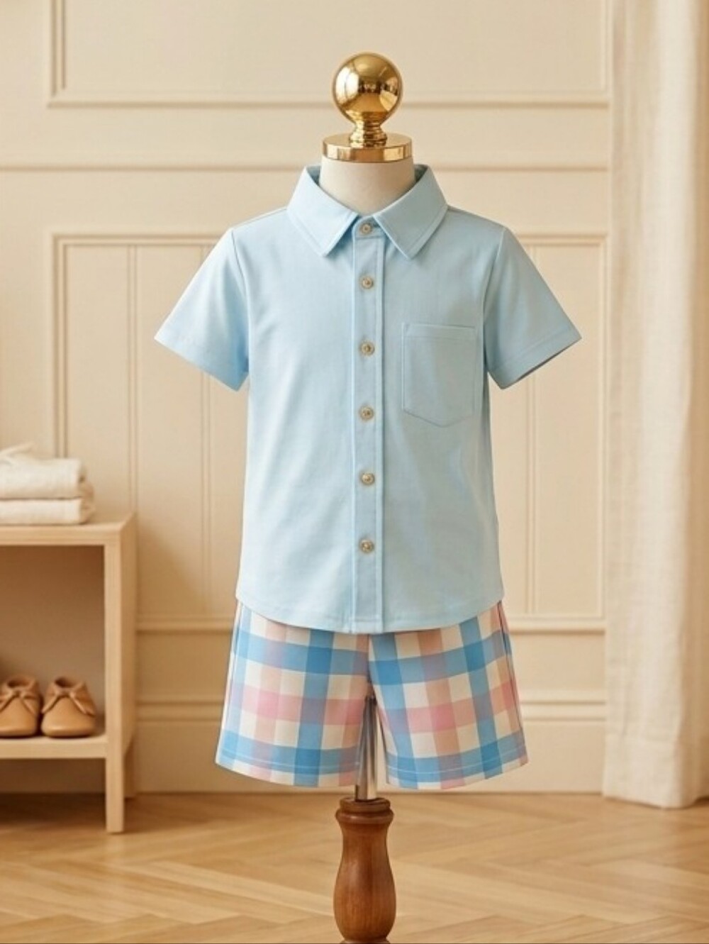 Millie Loves Lily Baby Blue Collared Shirt & Pastel Plaid Shorts Set | Sizes 5